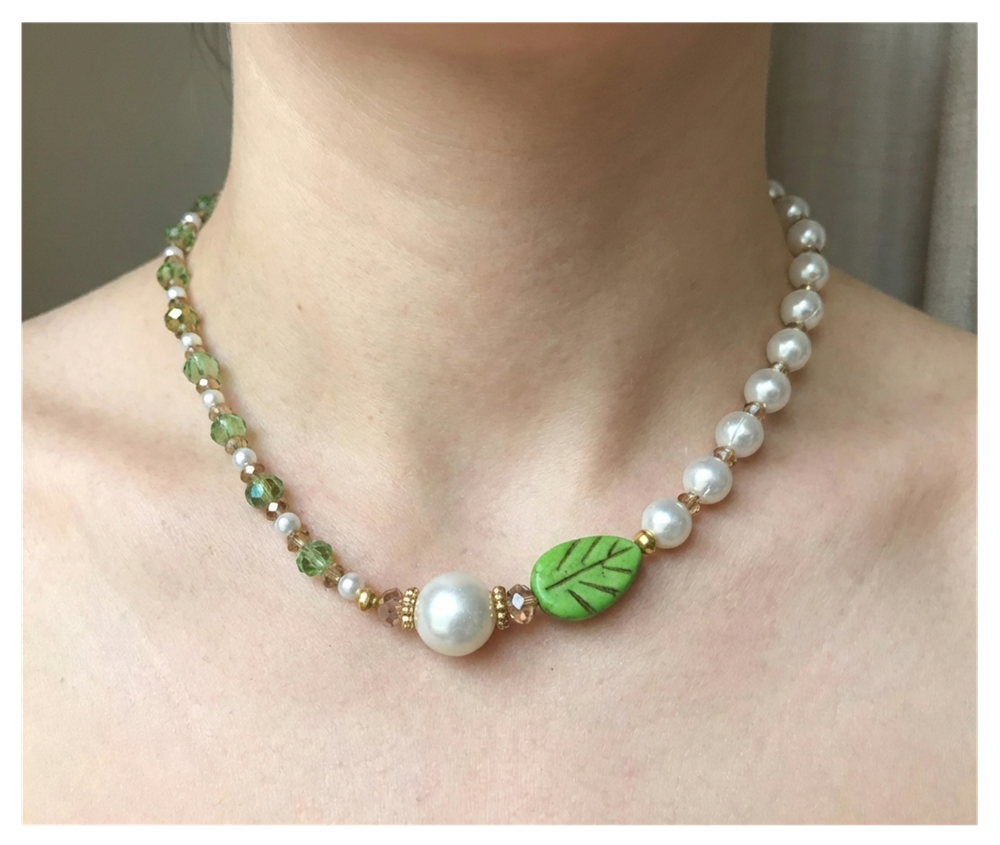 Handcrafted Spring Leaf Pearl-like Necklace with Faceted Crystal-style Beads, Metal-Plated Clasp w/ Extension Chain