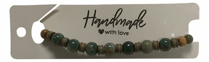 Handmade Green Stone Bracelet – Polished Beads with Brown & Cream Disc Spacers