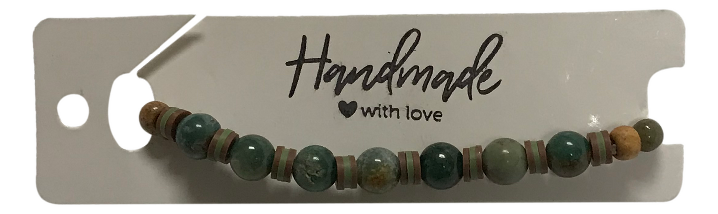 Handmade Bracelet – Green Stone-Style Beads with Brown & Cream Disc Spacers – Boho Jewelry