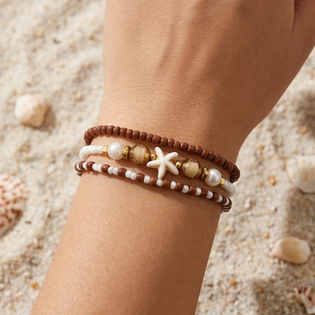 Handmade Brown White Gold Beaded Bracelet Set, Starfish Charm, Boho Ocean Jewelry