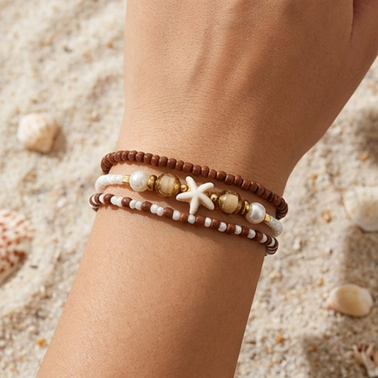 Handmade Brown White Gold Beaded Bracelet Set, Starfish Charm, Boho Ocean Jewelry