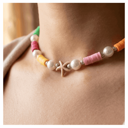 Handcrafted Summer Beach Pearl Necklace, Metal-Plated Clasp w/ Extension Chain