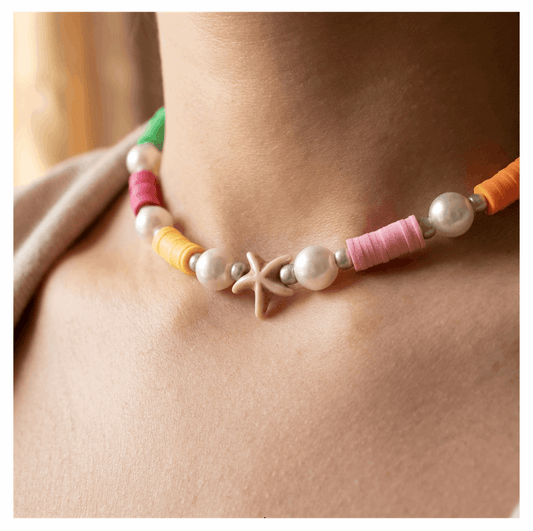 Handcrafted Summer Beach Pearl Necklace, Metal-Plated Clasp w/ Extension Chain