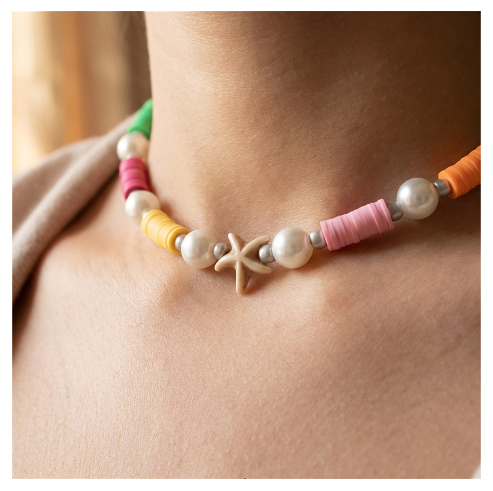 Handcrafted Summer Beach Pearl-like Necklace, Metal-Plated Clasp w/ Extension Chain