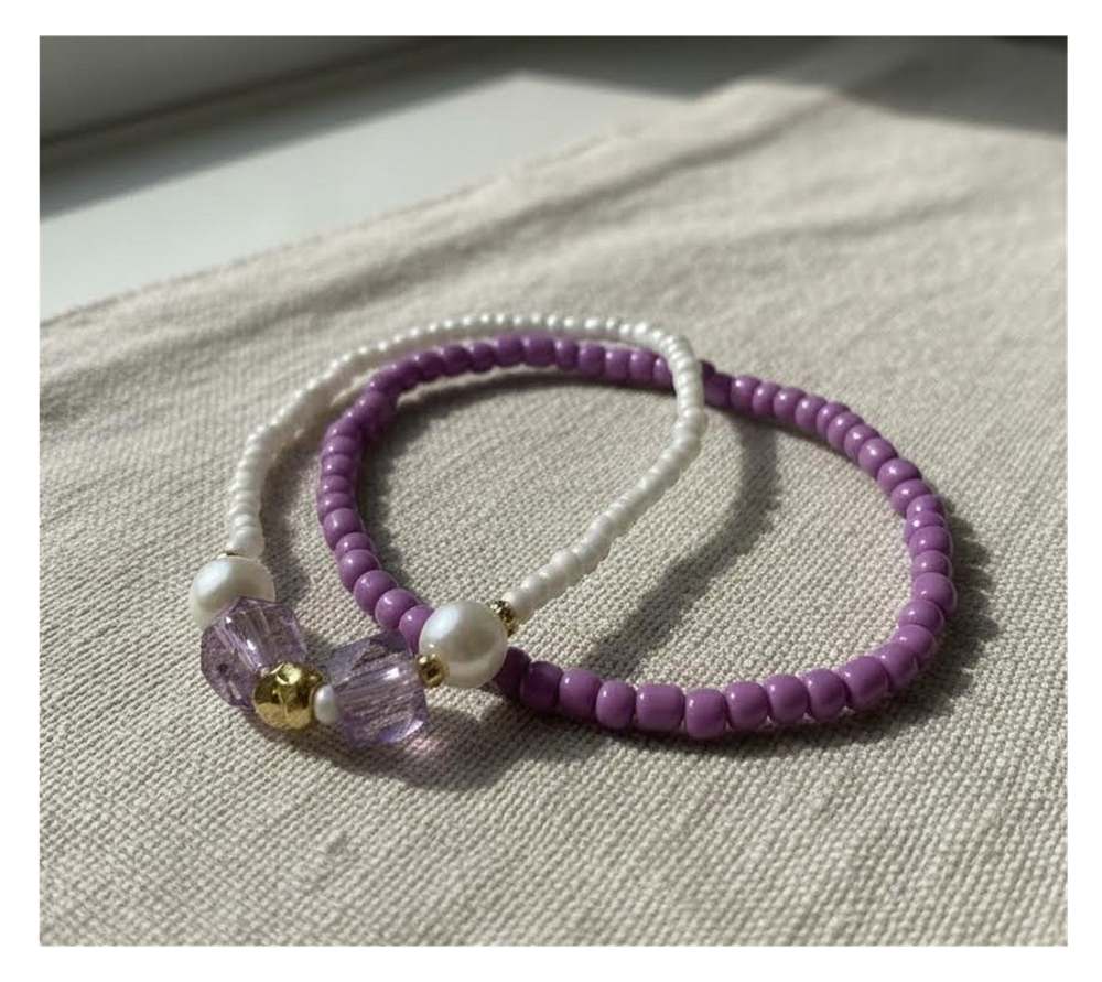 Handmade Purple and White Beaded Bracelets with Faux Pearls, Teen Jewelry