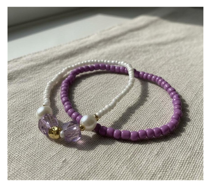 Handmade Purple and White Beaded Bracelets with Faux Pearls, Teen Jewelry