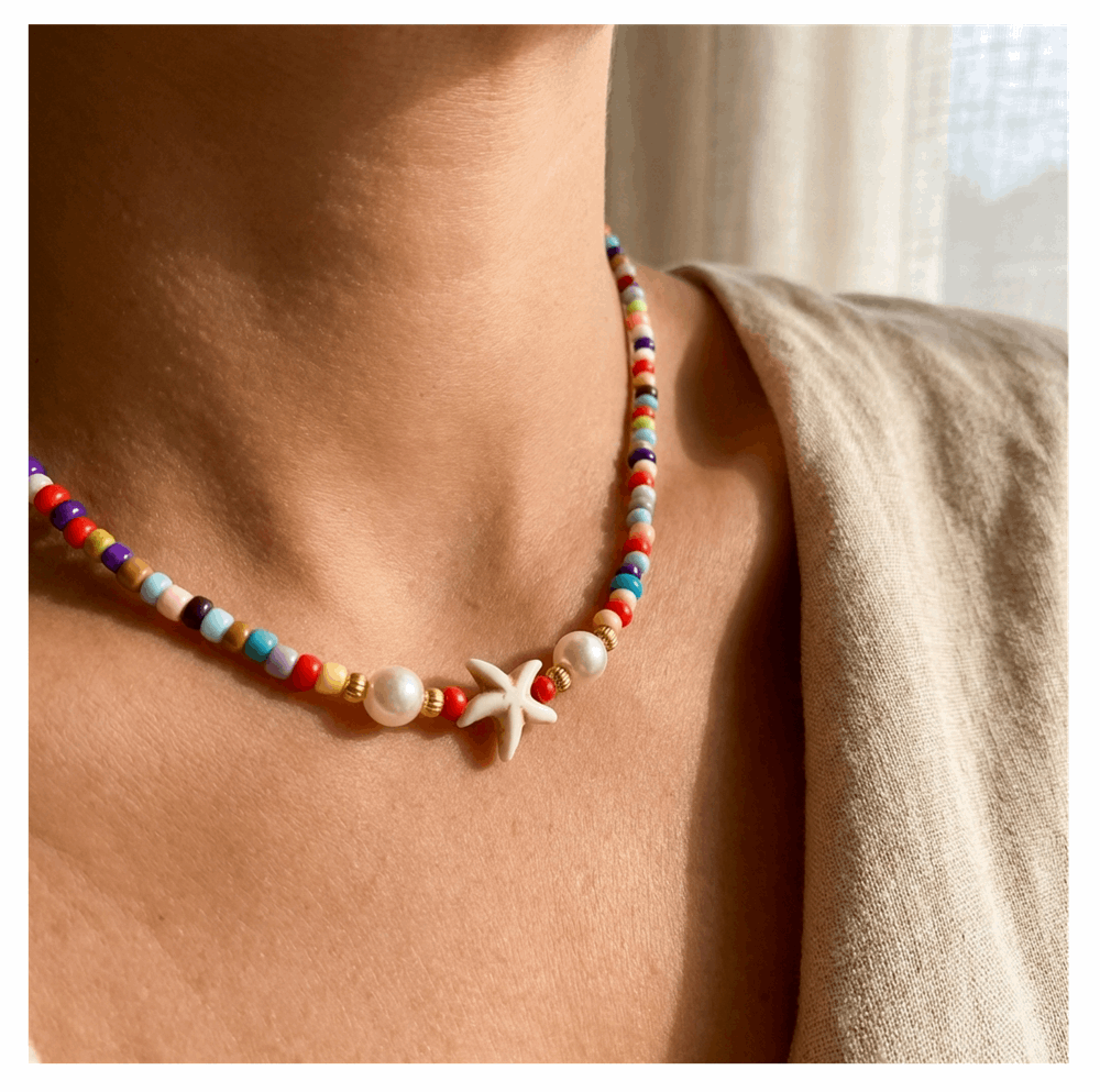Handcrafted Seaside Starfish and Pearl Necklace, Metal-Plated Clasp w/ Extension Chain
