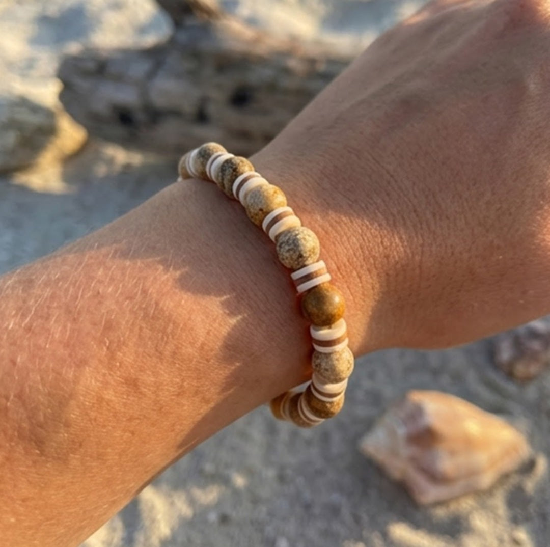 Handmade Beaded Bracelet – Natural Stone, Brown Round Beads with Cream & Light Brown Disc Spacers