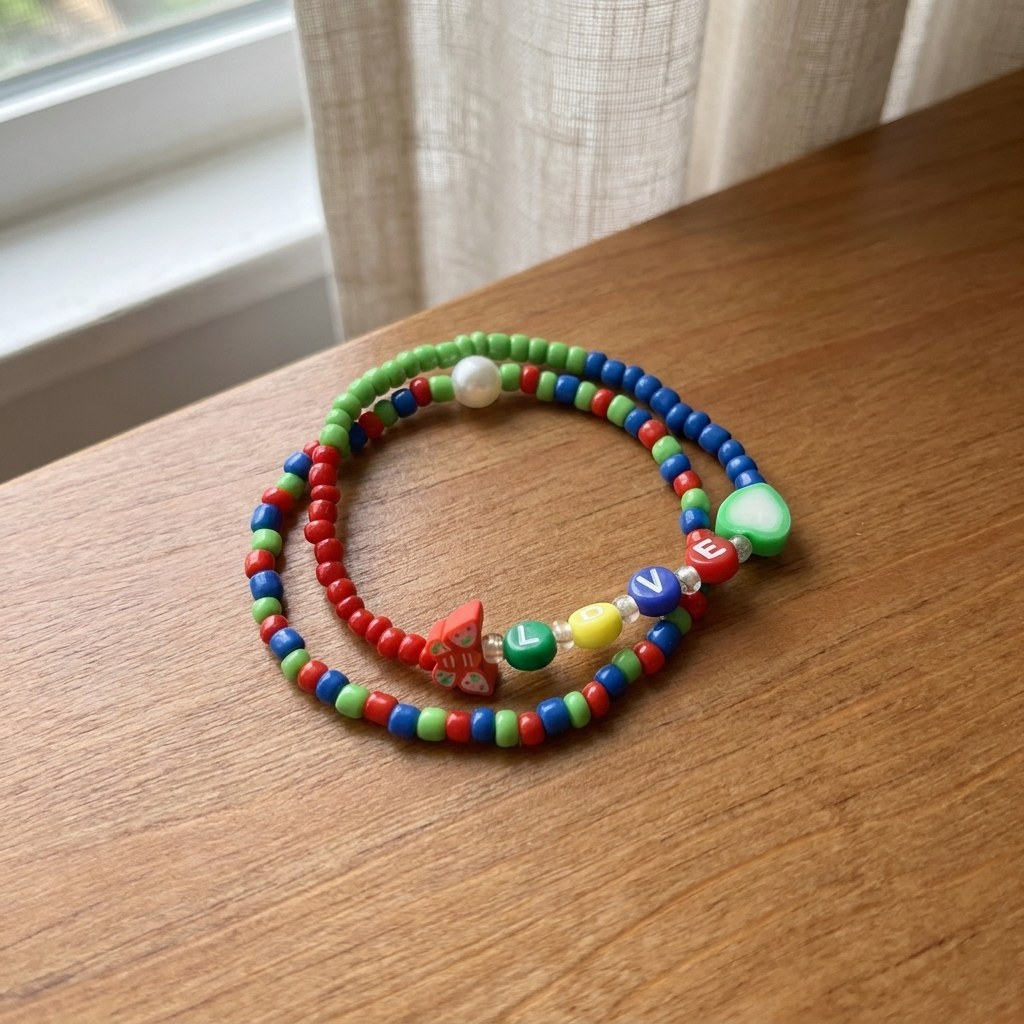 Handmade Rainbow Beaded Bracelet Set, Heart Charm & LOVE Letters, Pearl-Like Accent, Playful Boho Jewelry