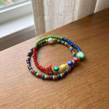 Handmade Rainbow Beaded Bracelet Set, Heart Charm & LOVE Letters, Pearl-Like Accent, Playful Boho Jewelry