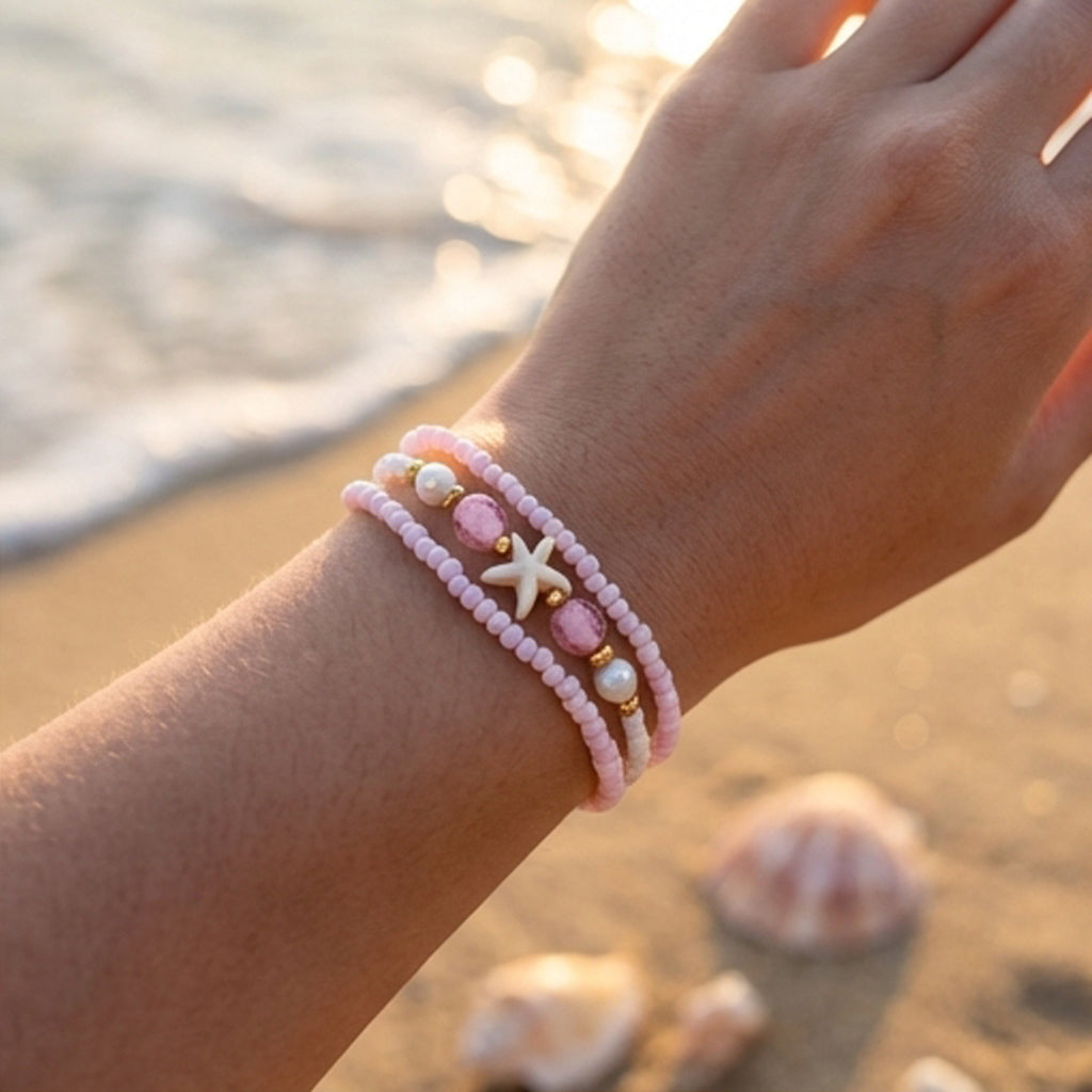 Handmade Pastel Pink White Gold Beaded Bracelet Set, Starfish Charm, Boho Ocean Jewelry