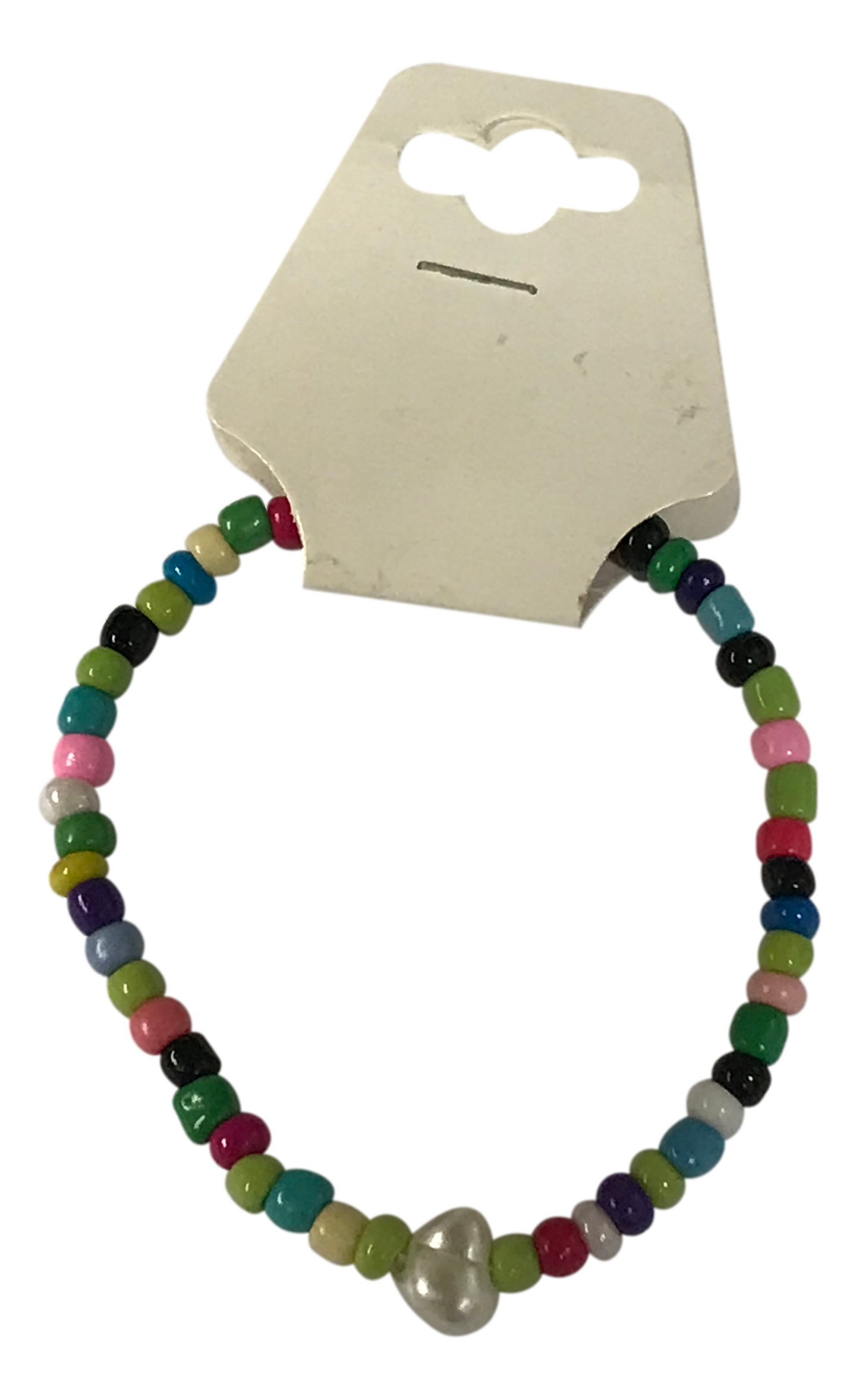 Rainbow Seed Bead Bracelet with Faux Pearl Heart Charm, Love, Joy & Friendship Meaningful Jewelry, Cute Stretch Gift for Her