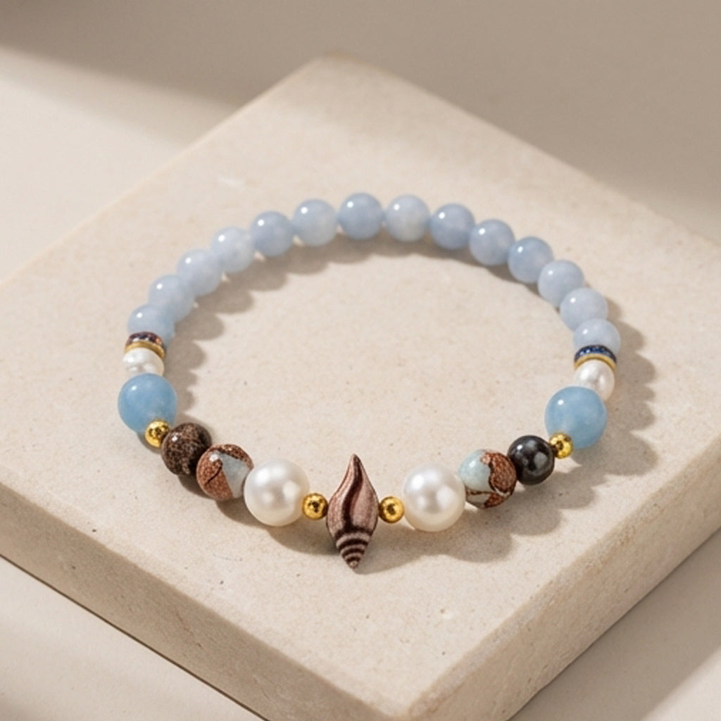 Handmade Aquamarine and Pearl Beaded Bracelet Blue White Natural Stone Boho Style One Size Gemstone Jewelry