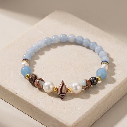 Handmade Aquamarine and Pearl Beaded Bracelet Blue White Natural Stone Boho Style One Size Gemstone Jewelry