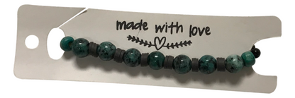 Handmade Boho Bracelet - Greenish-Gray Speckled K2-Style Beads with Dark Spacer Accents & Gray Heishi