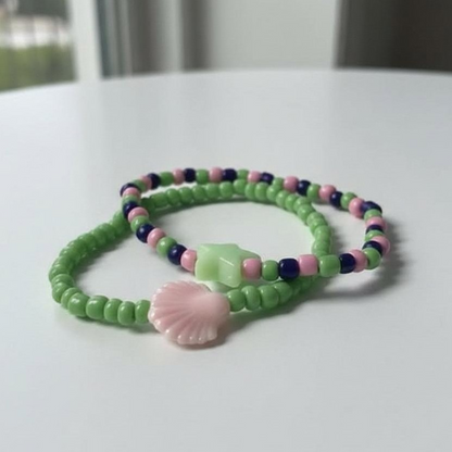 Pastel Mermaid Seed Bead Bracelet Set, Green Pink Shell & Star Charm Jewelry