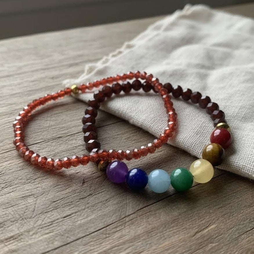 Two beaded bracelets with colorful beads on a wooden surface.