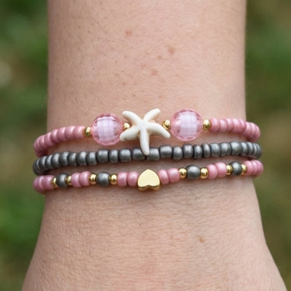 Handmade Pink Gray Gold Beaded Bracelet Set, Starfish & Heart Charms, Boho Ocean Jewelry