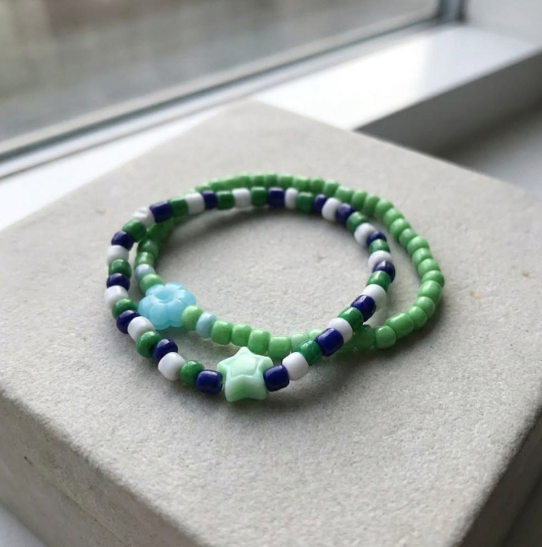 Handmade 2-Piece Colorful Beaded Bracelet Set Green White Blue with Star & Flower Accent Friendship Gift