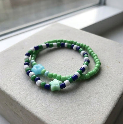 Handmade 2-Piece Colorful Beaded Bracelet Set Green White Blue with Star & Flower Accent Friendship Gift