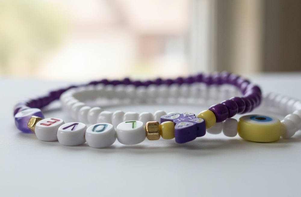 Handmade Purple Love Duo Beaded Bracelet with Accent Charms, Youth/Teen Jewelry, Novelty Bracelet, Boho-chic