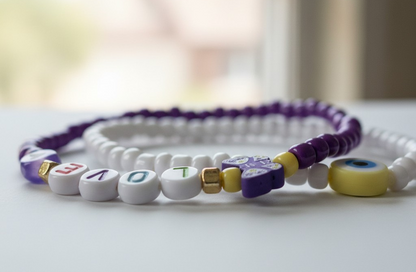 Handmade Purple Love Duo Beaded Bracelet with Accent Charms, Youth/Teen Jewelry, Novelty Bracelet, Boho-chic