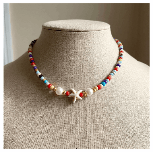 Handcrafted Seaside Starfish and Pearl Necklace, Metal-Plated Clasp w/ Extension Chain