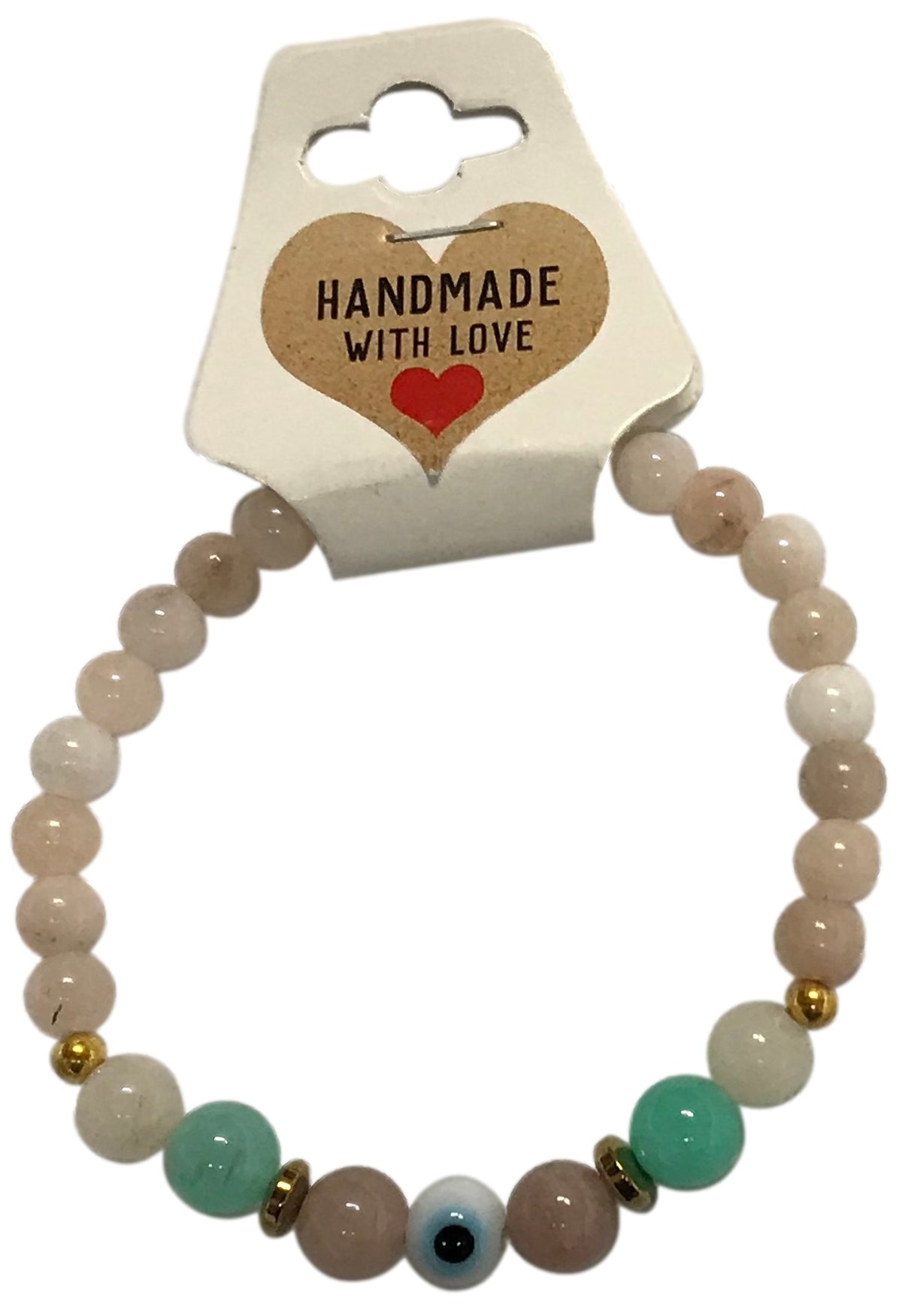 Beaded bracelet with multicolored beads on a 'Handmade with Love' card