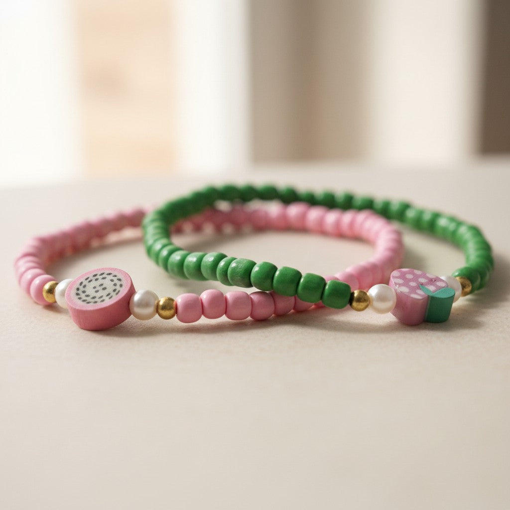 Two colorful beaded bracelets on a light surface with a blurred background