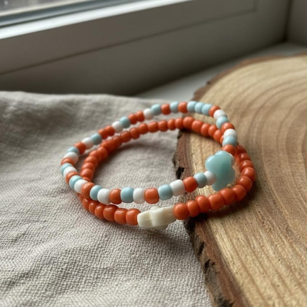 Beaded Bracelet Set, Orange White & Aqua Stretch Bracelets w/ Flower Charm - Happiness, Calm & Growth Symbol Jewelry