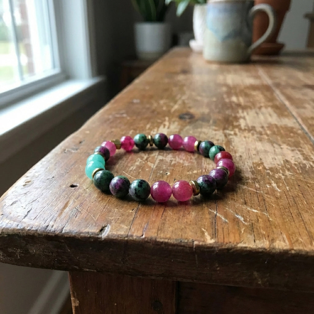 Multicolored beaded bracelet on a wooden surface with a window and plant in the background