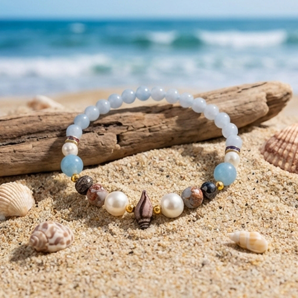 Handmade Aquamarine and Pearl Beaded Bracelet Blue White Natural Stone Boho Style One Size Gemstone Jewelry