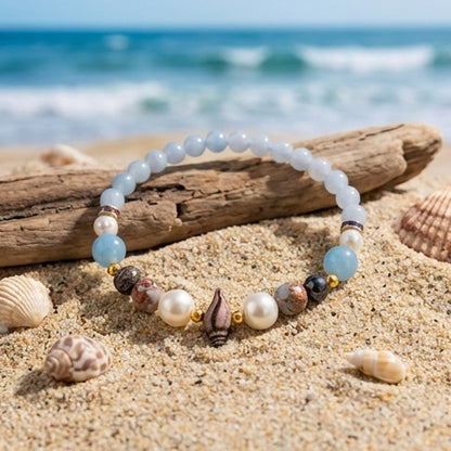 Handmade Aquamarine and Pearl Beaded Bracelet Blue White Natural Stone Boho Style One Size Gemstone Jewelry