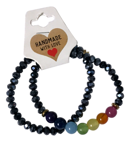 Set of beaded bracelets on a card with 'Handmade with Love' text