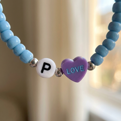 Blue Seed Bead Bracelet with Heart Charm and Initial Letter — Handmade Stretch Bracelet, Cute Stackable Jewelry Personalized Gift
