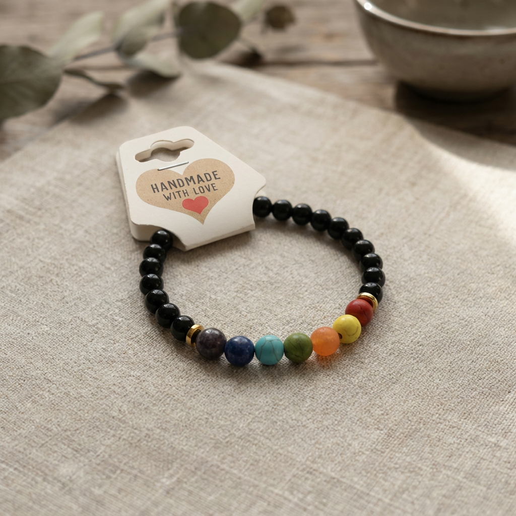 Black Onyx and Gemstone Chakra Handmade Bracelet Natural Stone Beaded Crystal Jewelry with Gold Accents