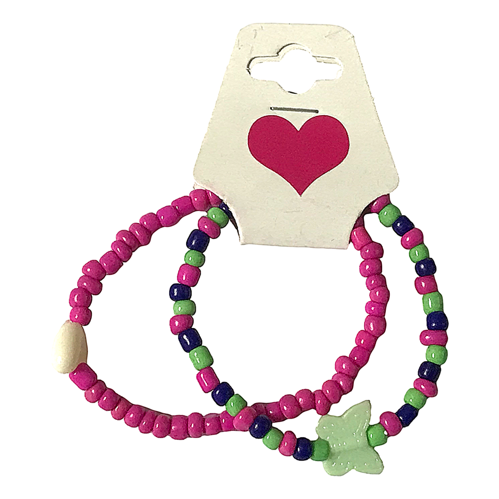 Colorful beaded bracelets on a card with a heart design