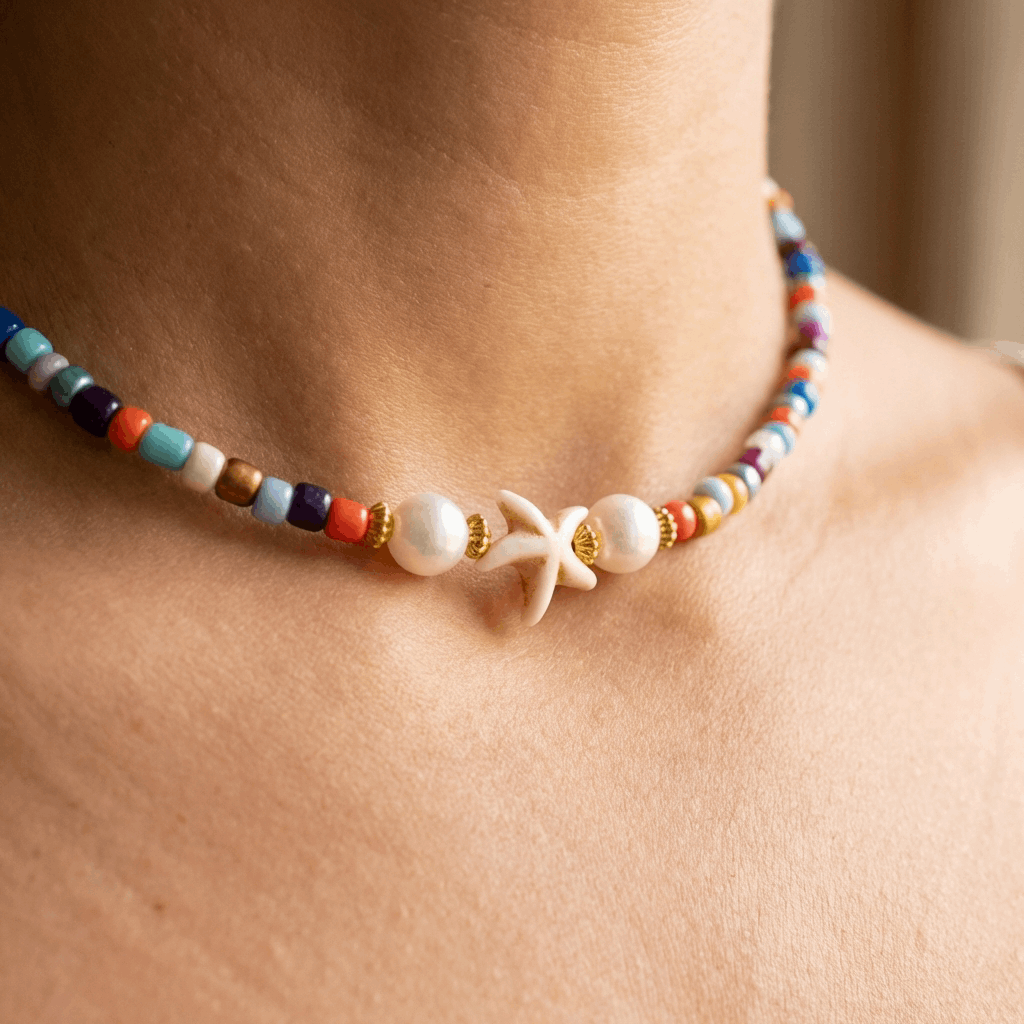 Handmade Beaded Necklace -  Multicolor, Starfish Charm and Faux Pearls