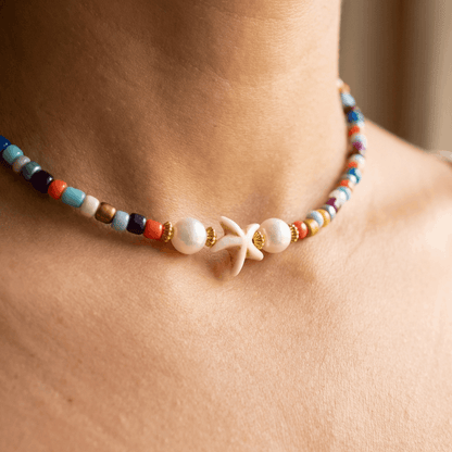 Handmade Beaded Necklace -  Multicolor, Starfish Charm and Faux Pearls