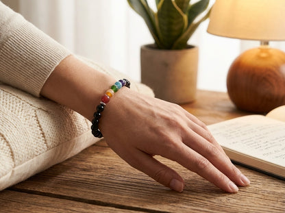 Hand wearing a colorful bracelet on a wooden surface with a book and plant in the background