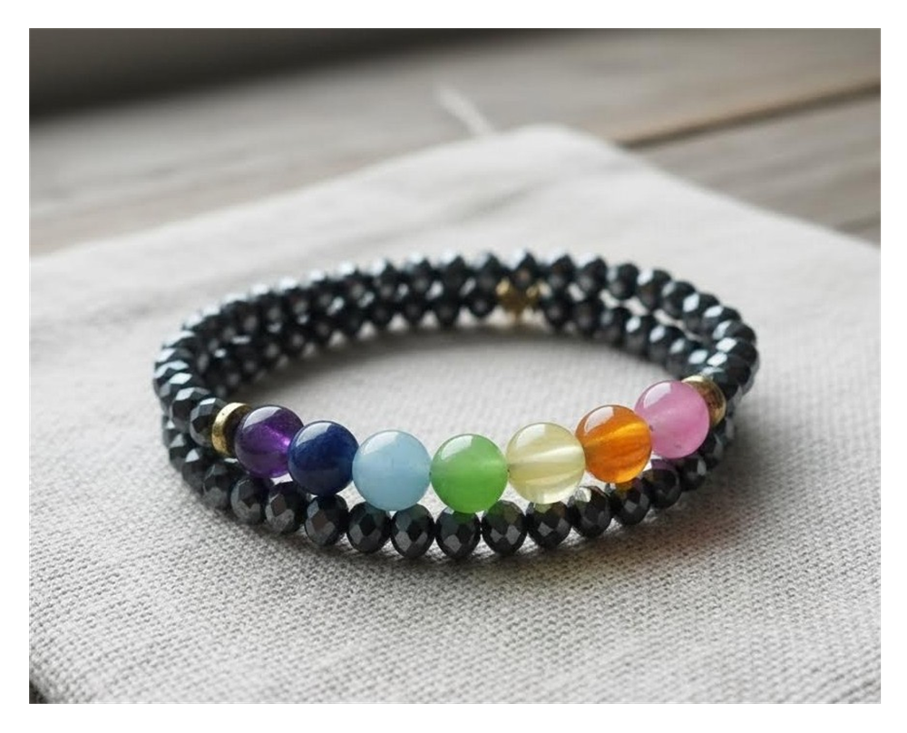 Multicolored beaded bracelet on a textured surface