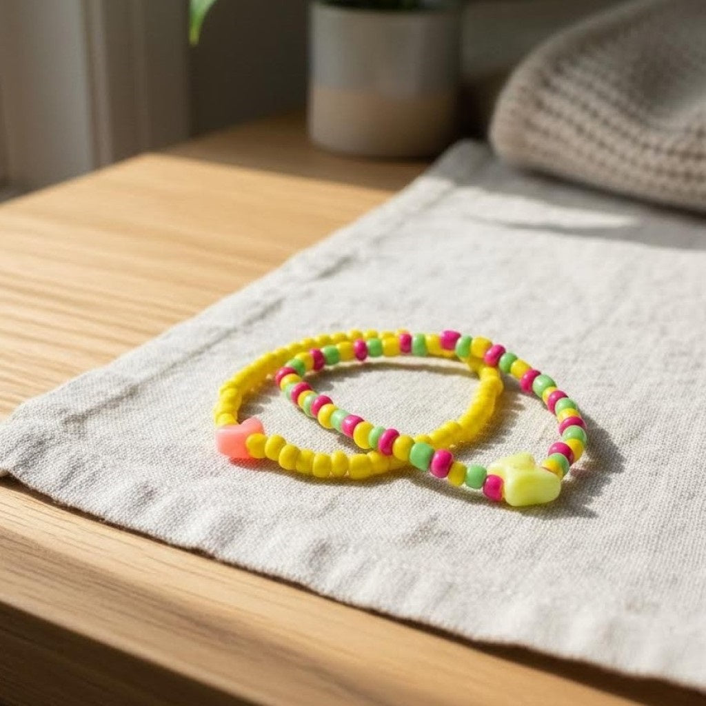Handmade Yellow Pink Green Beaded Bracelet Set, Heart & Star Charm, Playful Boho Jewelry