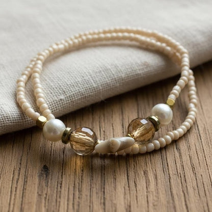Neutral Tones Beaded Bracelet Set, Handmade Glass & Pearl Accent, Coastal Minimalist Boho Stackable Jewelry