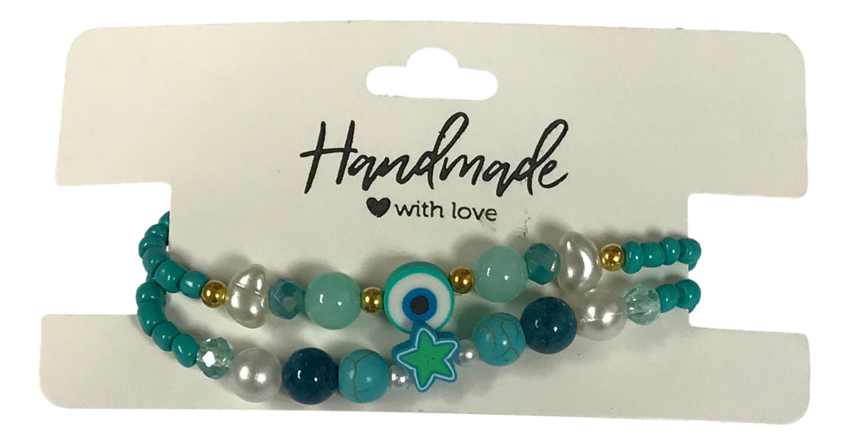 Handmade 2-Piece Turquoise Bracelet Set with White & Blue Beads, Evil Eye & Star Accents – Gift Jewelry, Boho Chic Style
