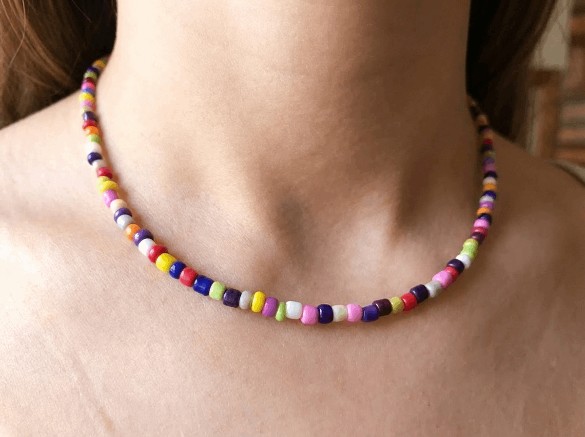 Handmade Rainbow Beaded Necklace, Colorful Y2K Indie Choker, Multi-Color Summer Bead Jewelry with Adjustable Extension