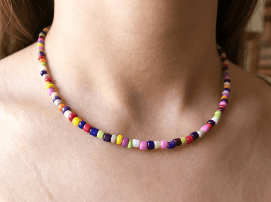 Handmade Rainbow Beaded Necklace, Colorful Y2K Indie Choker, Multi-Color Summer Bead Jewelry with Adjustable Extension