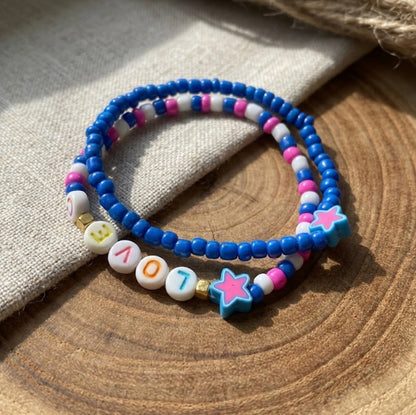 Handmade Beaded Friendship Bracelet Set (2 pcs) – Multicolor “LOVE” Letters, Pink & Blue Star Beads, Gold Accents, Playful Gift for Kids/Teens
