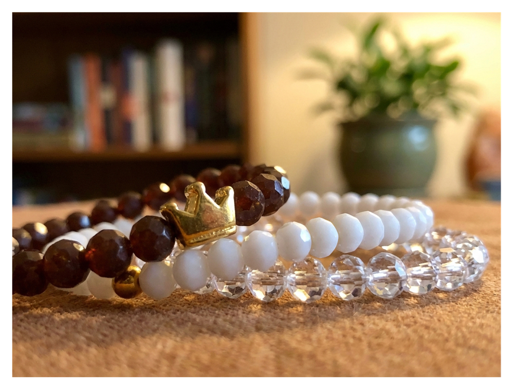 Handmade with Love Dark Brown, White, Clear Beaded Bracelet Set, Earthy Sparkle Stack