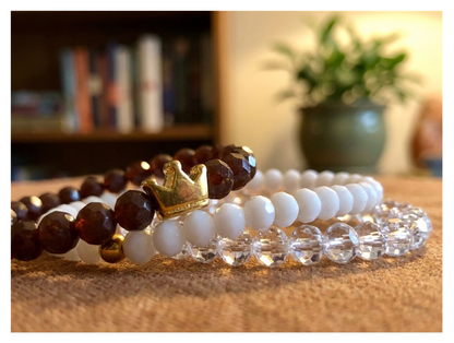 Handmade with Love Dark Brown, White, Clear Beaded Bracelet Set, Earthy Sparkle Stack