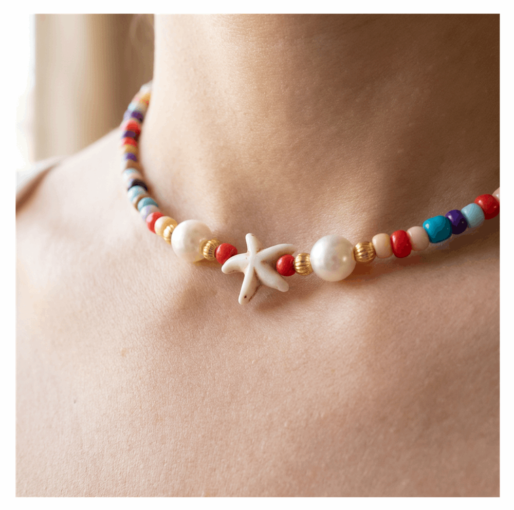 Handcrafted Seaside Starfish and Pearl Necklace, Metal-Plated Clasp w/ Extension Chain